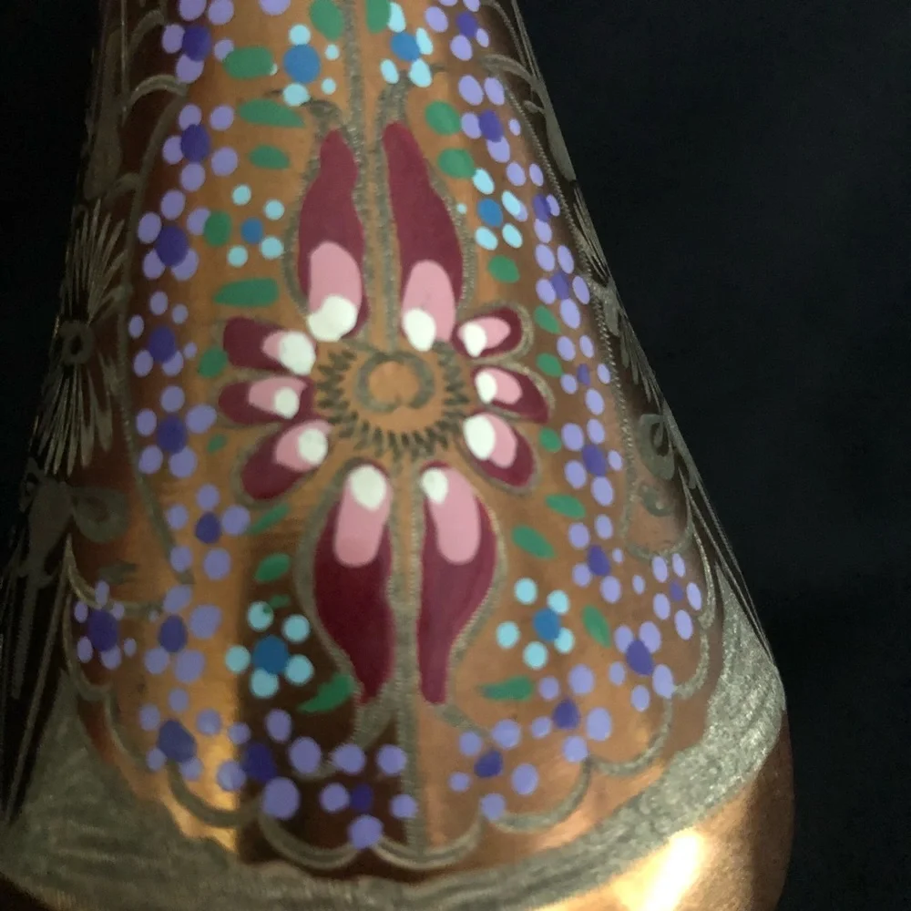 Vintage Hand Painted & Etched Copper Vase with Floral Designs